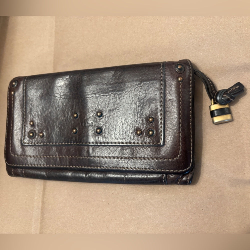 Chloe Dark Brown Soft Leather Wallet Gold Studs & Lock Charm Western